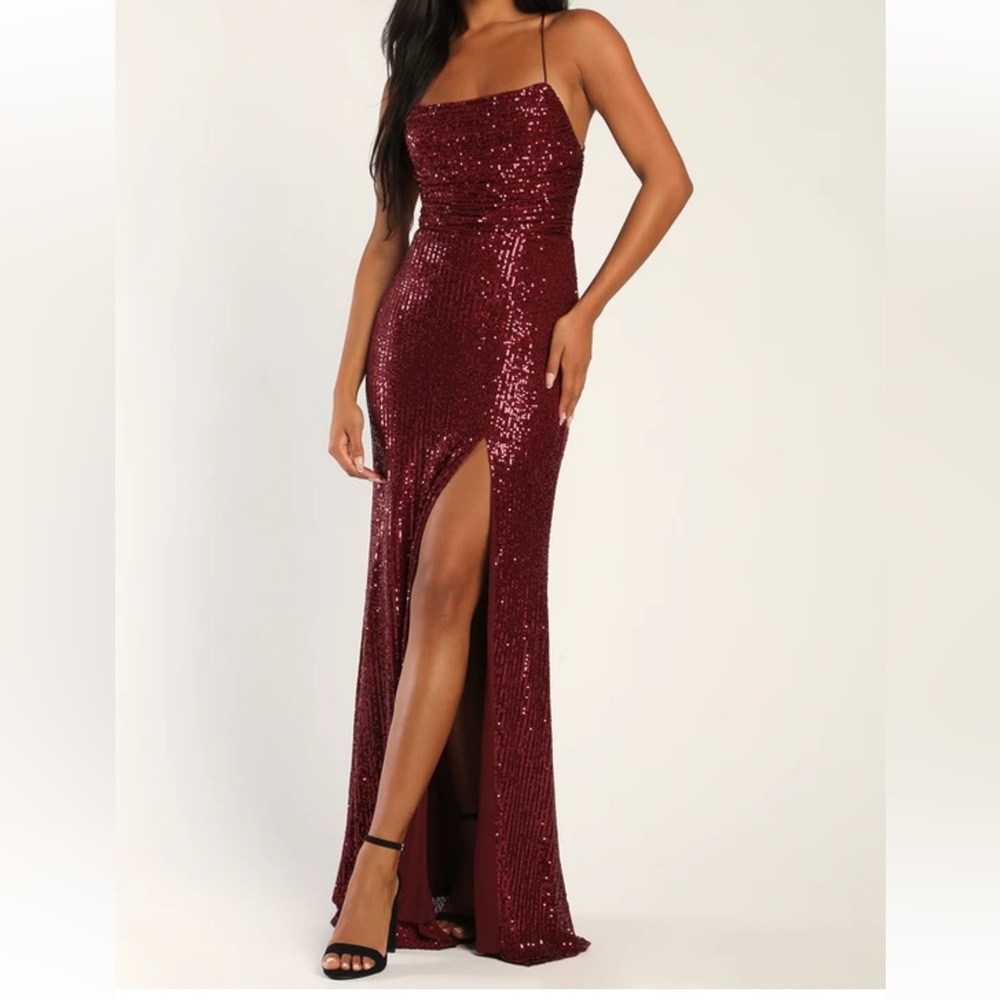 lulus Evenings of Elegance Burgundy Sequin Lace-Up Maxi Dress size small